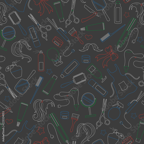 Seamless pattern on the theme of the Barber shop, the tools and accessories of the hairdresser,simple contour icons are drawn with colored chalks on the dark school Board