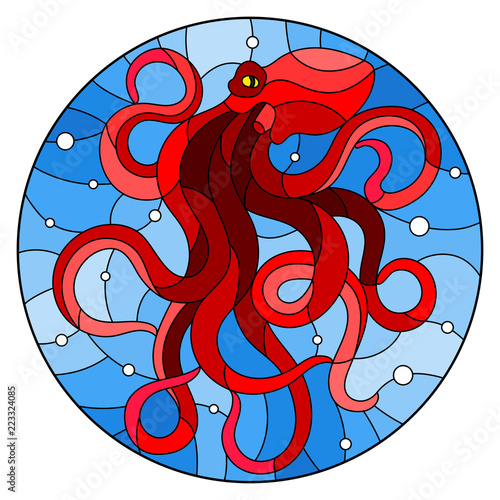 Illustration in stained glass style with abstract red octopus against a blue sea and bubbles,round picture