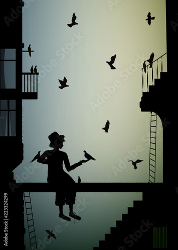 birdman, boy in the city with many pigeon, feeding the pigeons,