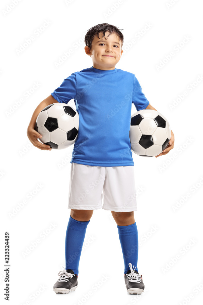 Young boy holding two soccer balls