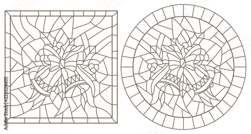 Set of contour illustrations in stained glass style for the New year and Christmas, bells, Holly branches and ribbons in the frame, round and square image