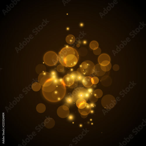 Golden glowing lights effects on black background, abstract magic Illustration. Graphic concept for your design