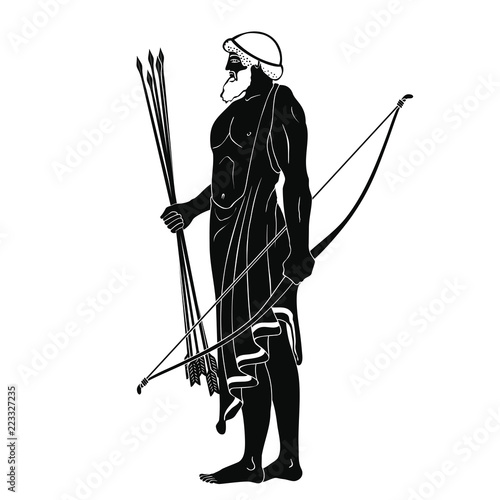 The hero of the ancient Greek myths Odysseus. Warrior with a weapon isolated on a white background. Archer with a bow and arrows in his hands.