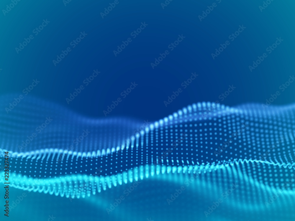 Abstract digital landscape or waves with flowing particles. Big data or ...