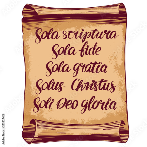 Quinque sola, five foundations of Protestant theology, reformation, Calligraphy lettering text symbol of Christianity hand drawn vector illustration sketch