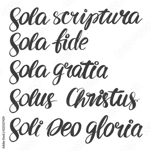 Quinque sola, five foundations of Protestant theology, reformation, Calligraphy lettering text symbol of Christianity hand drawn vector illustration sketch