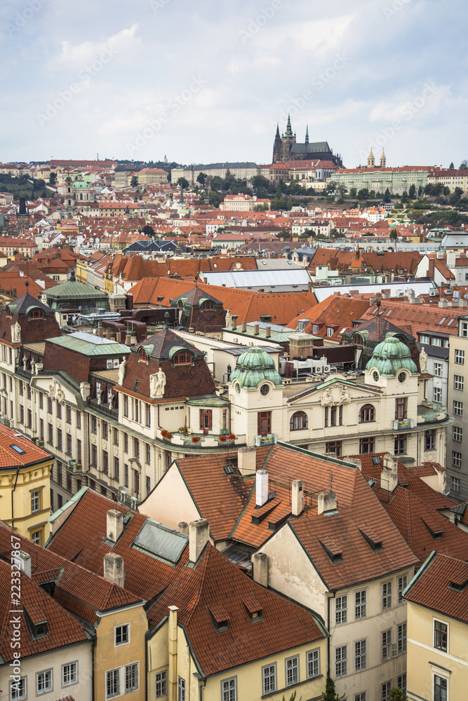 Aerial view of the roofs of Prague, Czech Republic. 