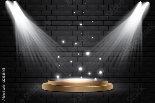 Round podium, pedestal or platform, lit by spotlights on a stone background. Stage with picturesque lights. Vector illustration.