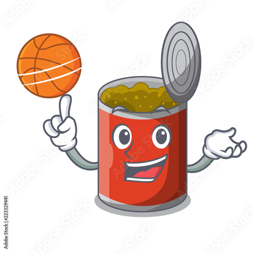 With basketball character canned food isolated on cartoon