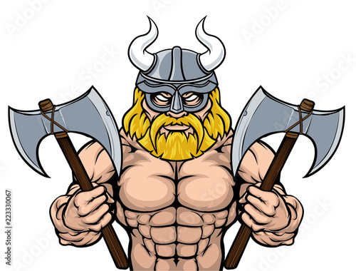 A Viking warrior barbarian cartoon sports mascot with two axes
