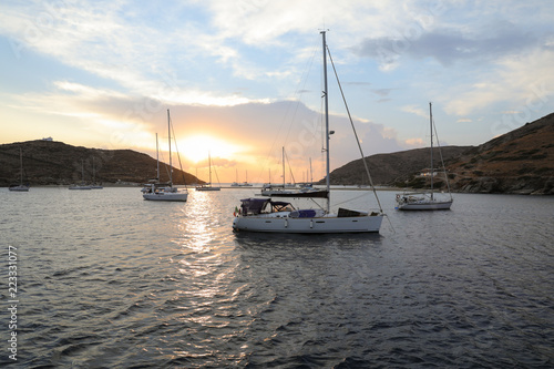 Beautiful evening and sailboats in Kolona double bay Kythnos island Cyclades Greece. © vikakurylo81