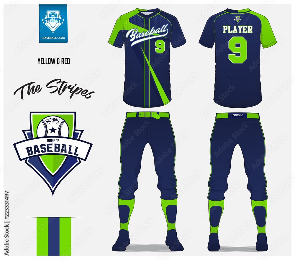 Baseball jersey, pants and socks template design. Green and blue stripe