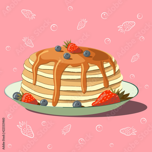 Vector illustration of pancakes with maple syrup and berries. Breakfast.