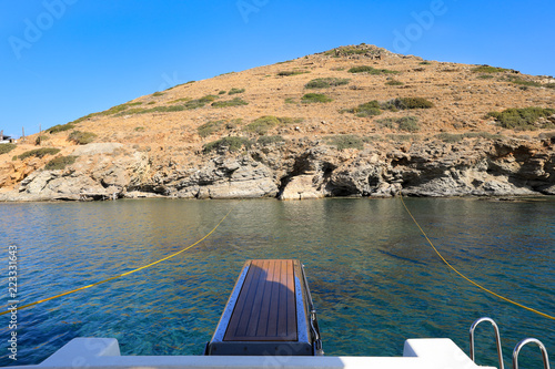 Turquoise sea water in Kolona double bay Kythnos island Cyclades Greece.