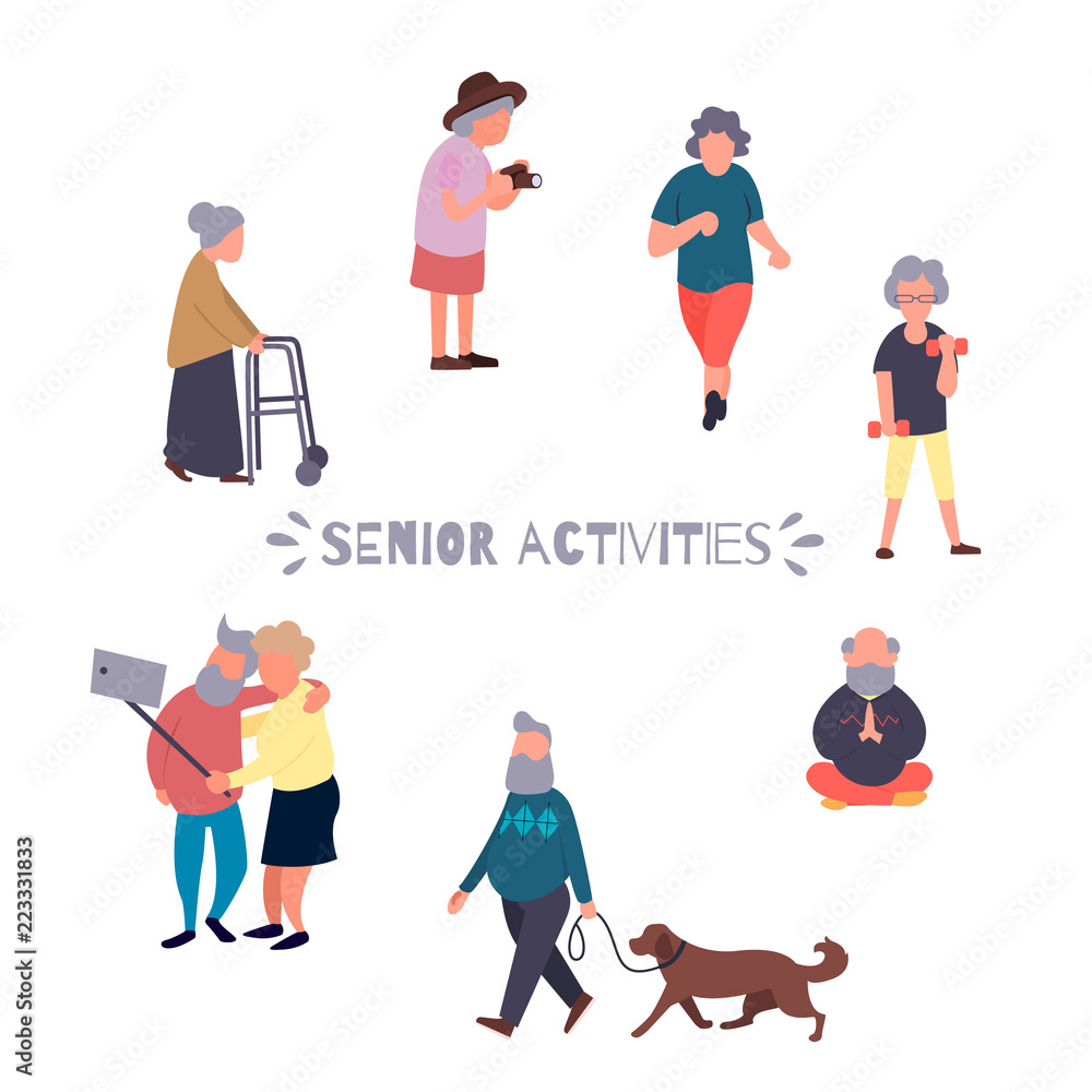 Recreation and leisure senior activities concept. Group of active old people. Elder people vector background. Cartoon elderly female vector character.