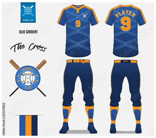 Baseball jersey, pants and socks template design. Blue gradient cross stripe baseball uniform t-shirt mock up. Raglan t-shirt sport in front and back view. Flat baseball logo design. Vector.