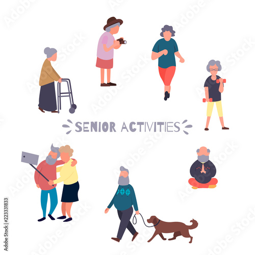 Recreation and leisure senior activities concept. Group of active old people. Elder people vector background. Cartoon elderly female vector character.