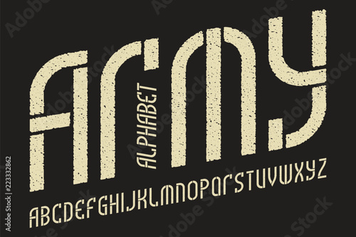 Army white on black alphabet. Gaming stylized military font. Isolated english alphabet.
