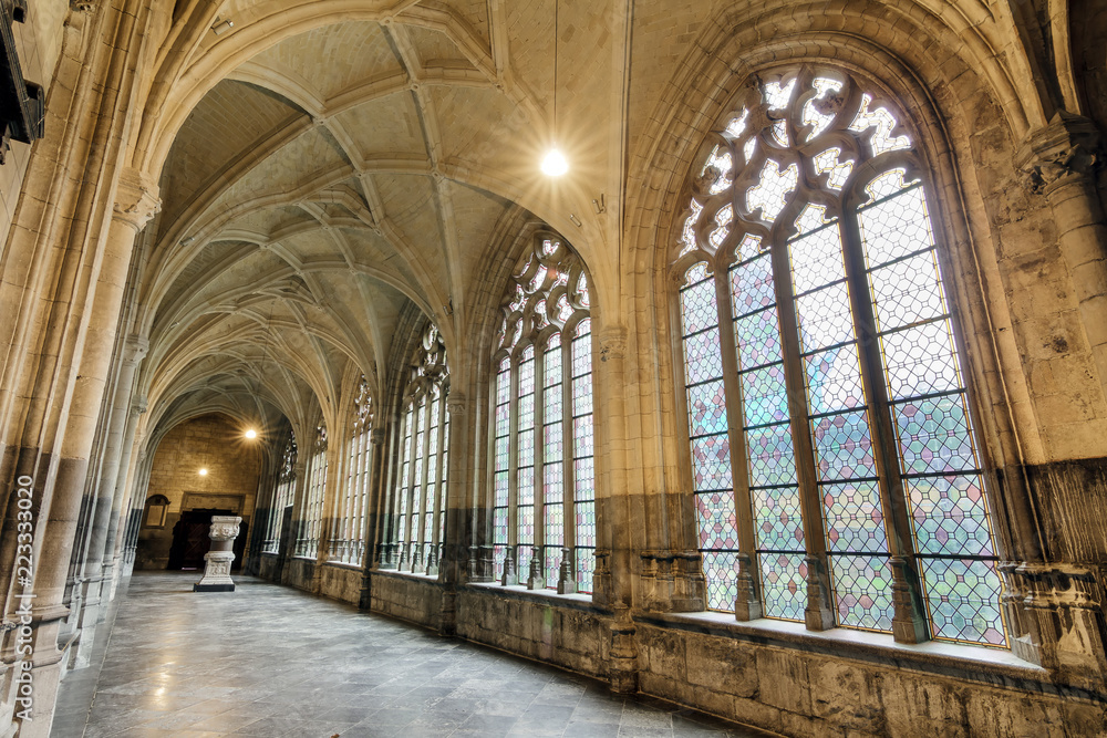 Beautiful view of the interior of the St. Paul's cathedral cloister in Liege, Belgium