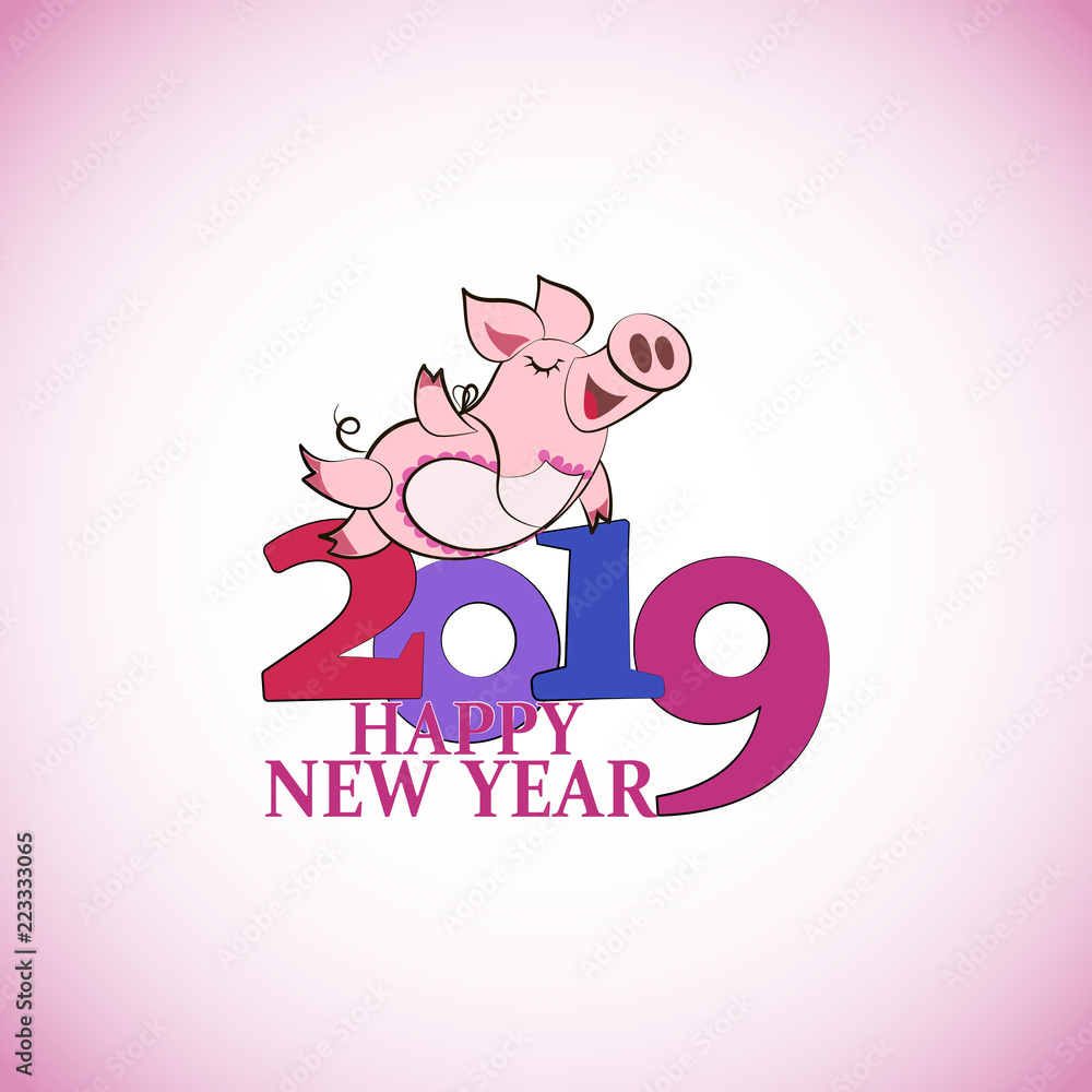 Funny pink pig. Happy New Year. Chinese symbol of the 2019 year. Greeting card, festive gift card with a festive greeting. Chinese New Year. Funny pink pig. Happy New Year. Chinese symbol of the 2019 year. Greeting card, festive gift card with a festive greeting. Chinese New Year.