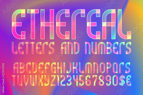 Ethereal letters and numbers with currency symbols. Colorful translucent font on iridescent background.