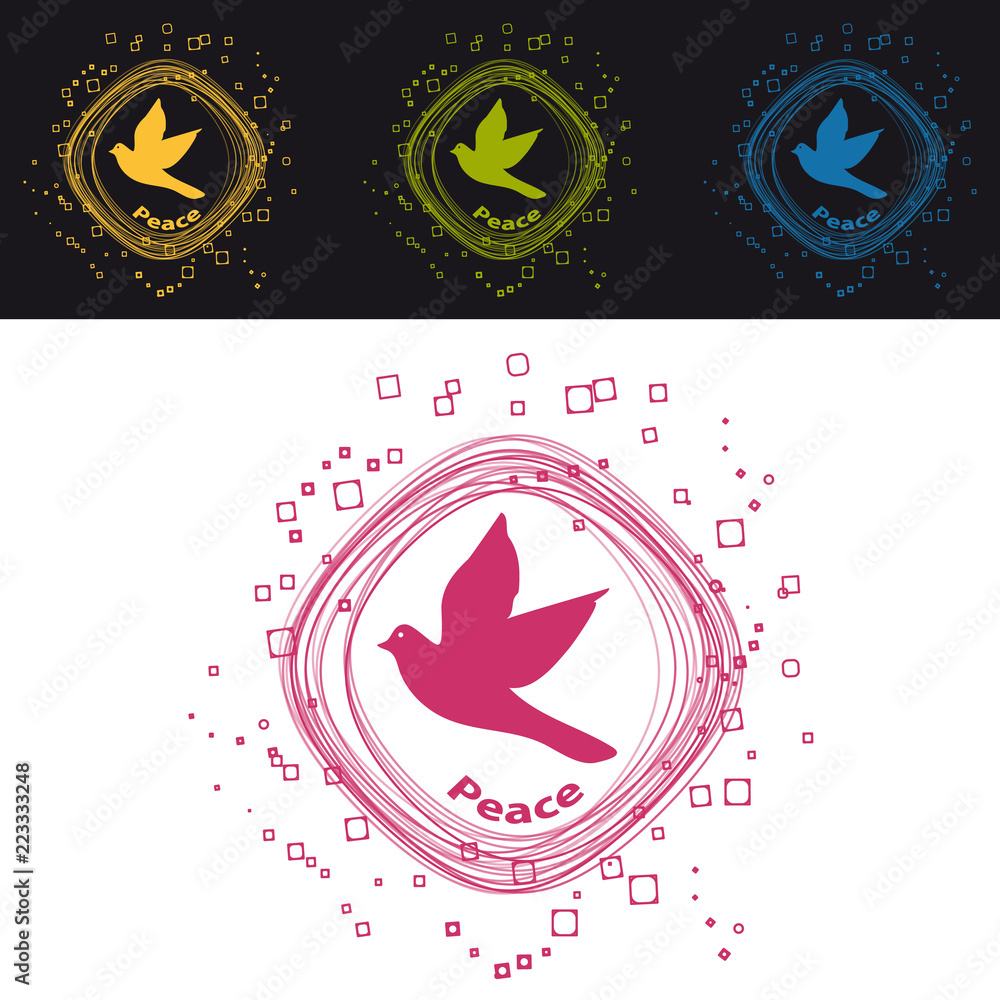 Dove Peace Circle Icons - Colorful Vector Buttons - Isolated On Black And White Background