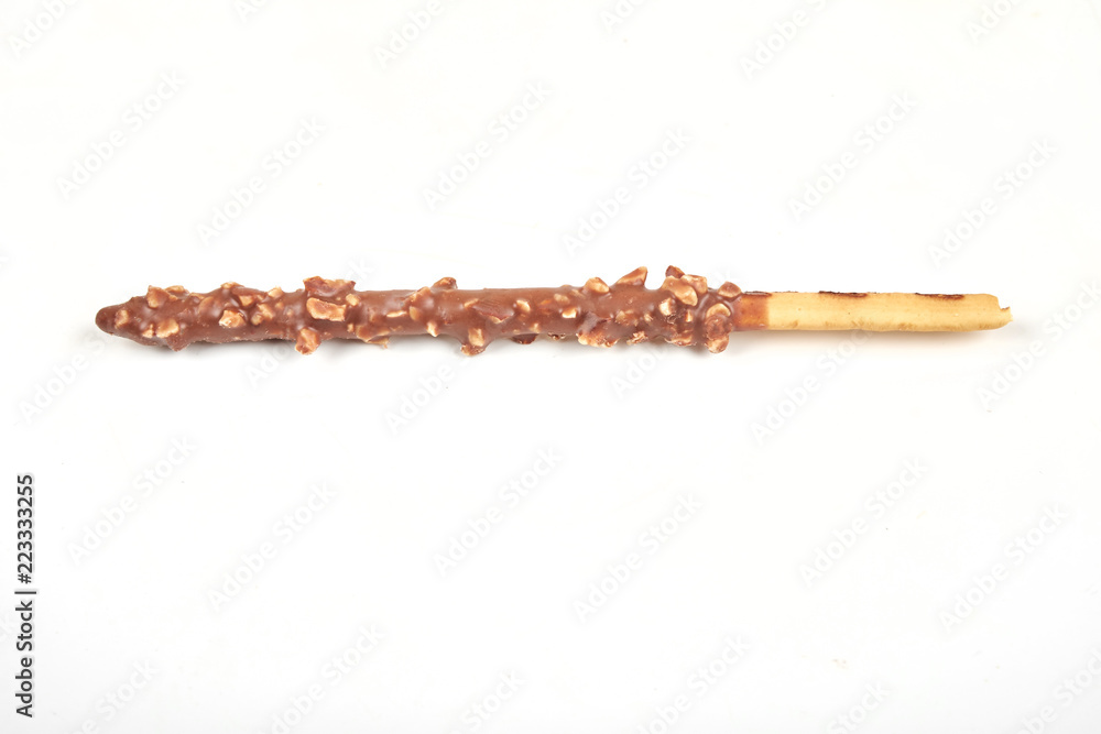 Biscuit stick with chocolate and almond isolated on white background. Biscuit stick with chocolate and almond isolated on white background.