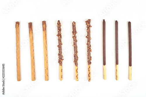 set of chocolate biscuit stick isolated on white background.
