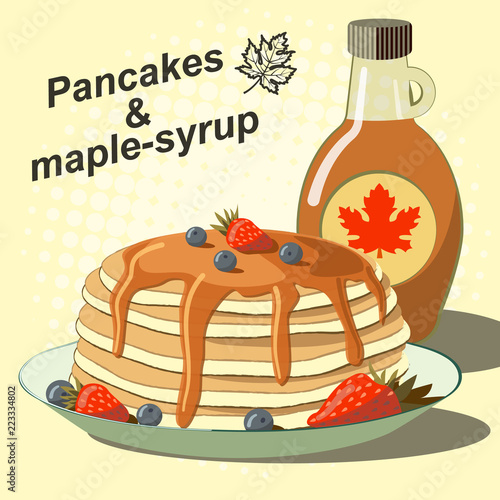 Vector illustration of pancakes with berries and maple syrup. Breakfast.