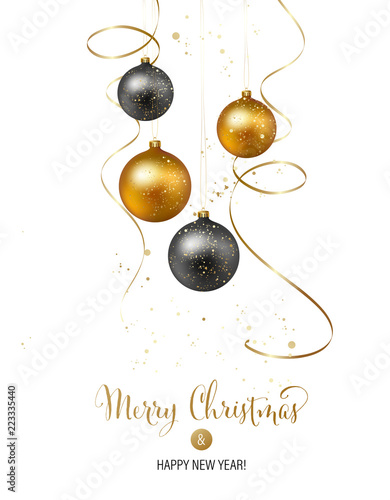 Christmas background with gold baubles and serpentine