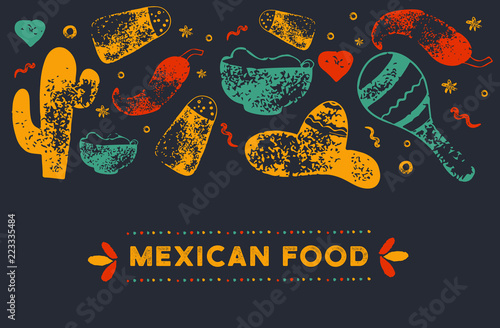 Grunge Mexican Food Restaurant menu, template design with sketch icons of Chili pepper, sombrero, tacos, nacho, burrito.Chalkboard Food flyer for promotion, site banner