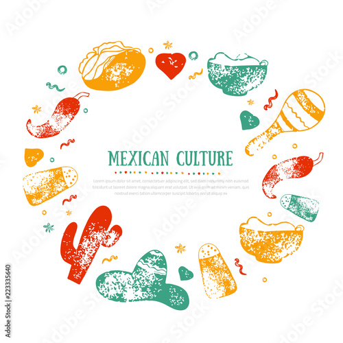Grunge Mexican Culture frame for Food Restaurant menu, logo, template design with sketch icons of Chili pepper, sombrero, tacos, nacho, burrito.