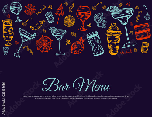 Cocktail menu banner with sketch glasses, drinks. Engrave drawing style. Template design with icons on dark background