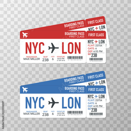 Airline boarding pass tickets to plane for travel journey. Vector illustration.