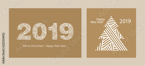 Set of simple Greeting cards. Happy New Year 2019. Merry Christmas. Vector.