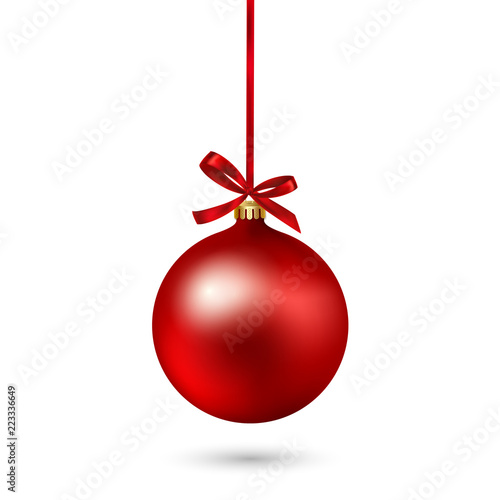Red Christmas ball with ribbon and bow on white background. Vector illustration.
