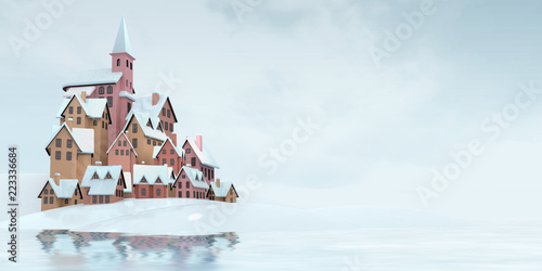 village with church on the top with water reflections, winter seasonal countryside 3D illustration 