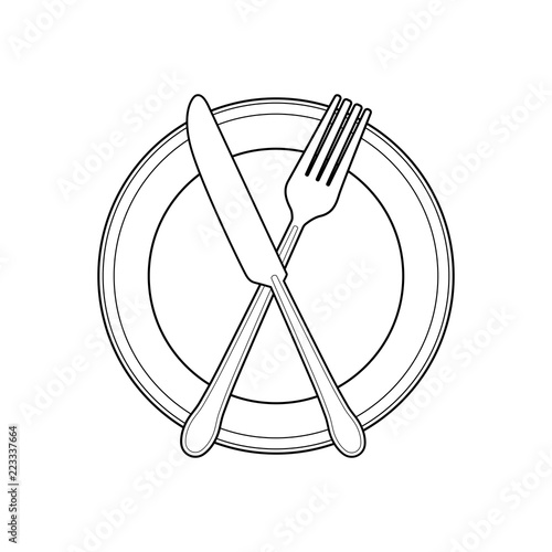 Empty plate and knife one line Vector Illustration..