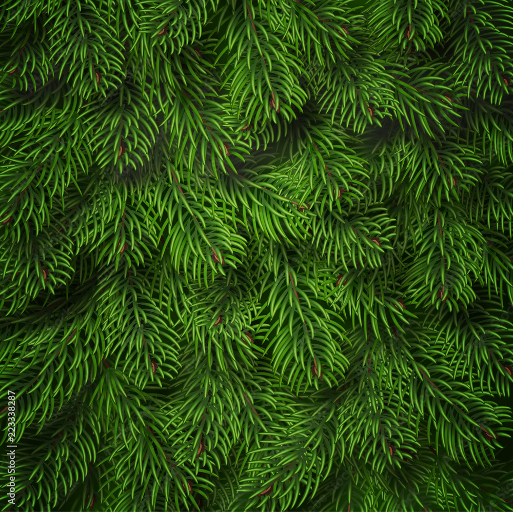 Realistic Christmas tree branches background. Detailed Christmas tree  branches background. Green needles on branches. Vector Tree branch  background Stock Vector