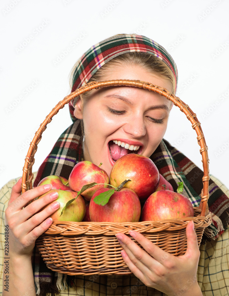 Woman villager carry basket natural fruits. Lady farmer gardener care about vitamin healthy nutrition. Healthy dieting concept. Woman gardener rustic style hold basket with apples on white background Woman villager carry basket natural fruits. Lady farmer gardener care about vitamin healthy nutrition. Healthy dieting concept. Woman gardener rustic style hold basket with apples on white background