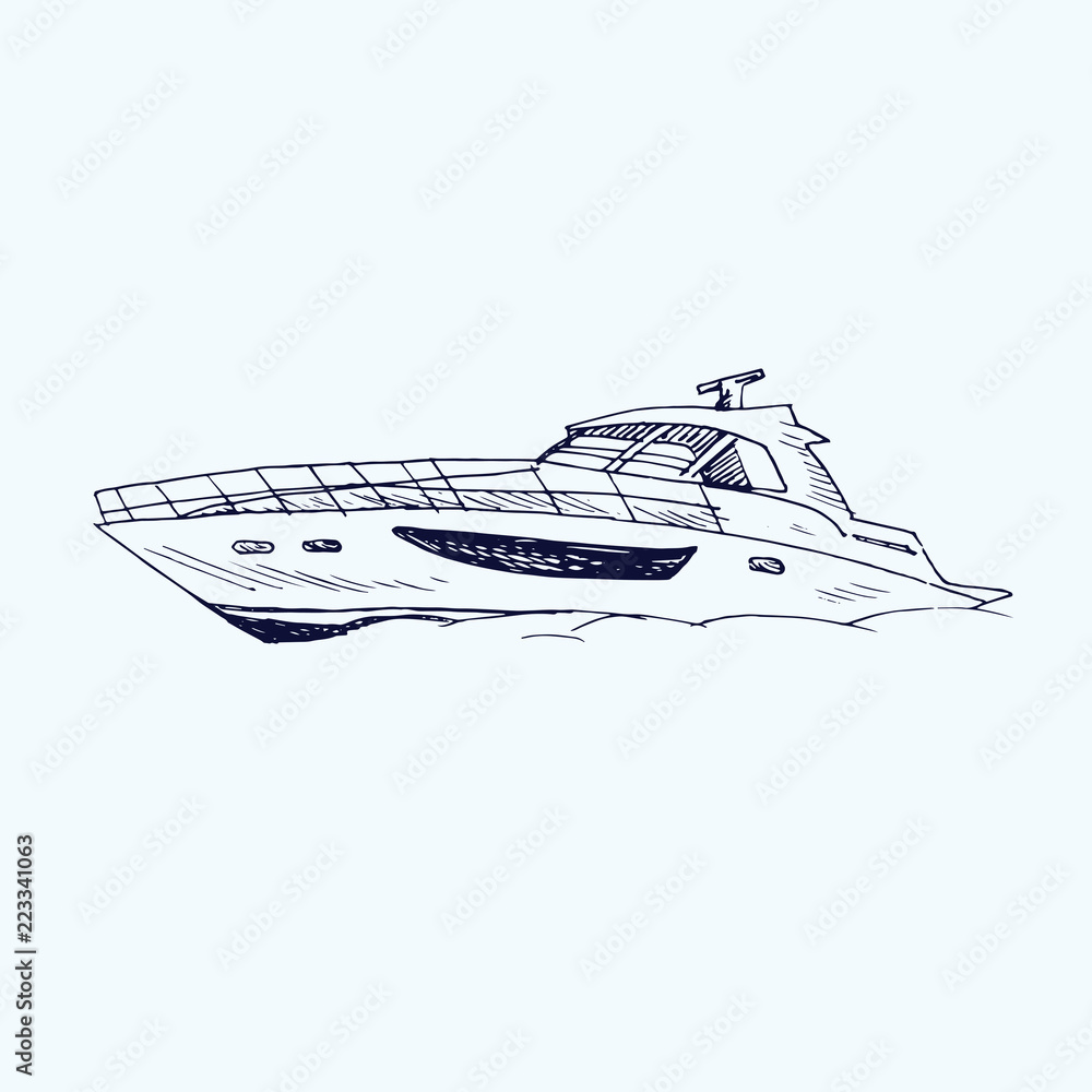 Naklejka premium Motor yacht type, hand drawn doodle, sketch, black and white vector illustration