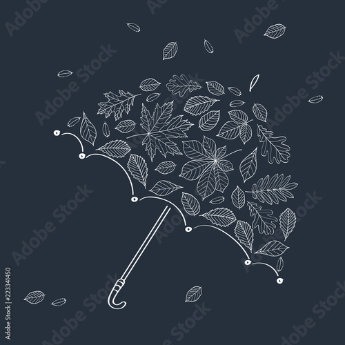 Hello autumn! Umbrella composed of white autumn line art leaves on dark background. Vector illustration.