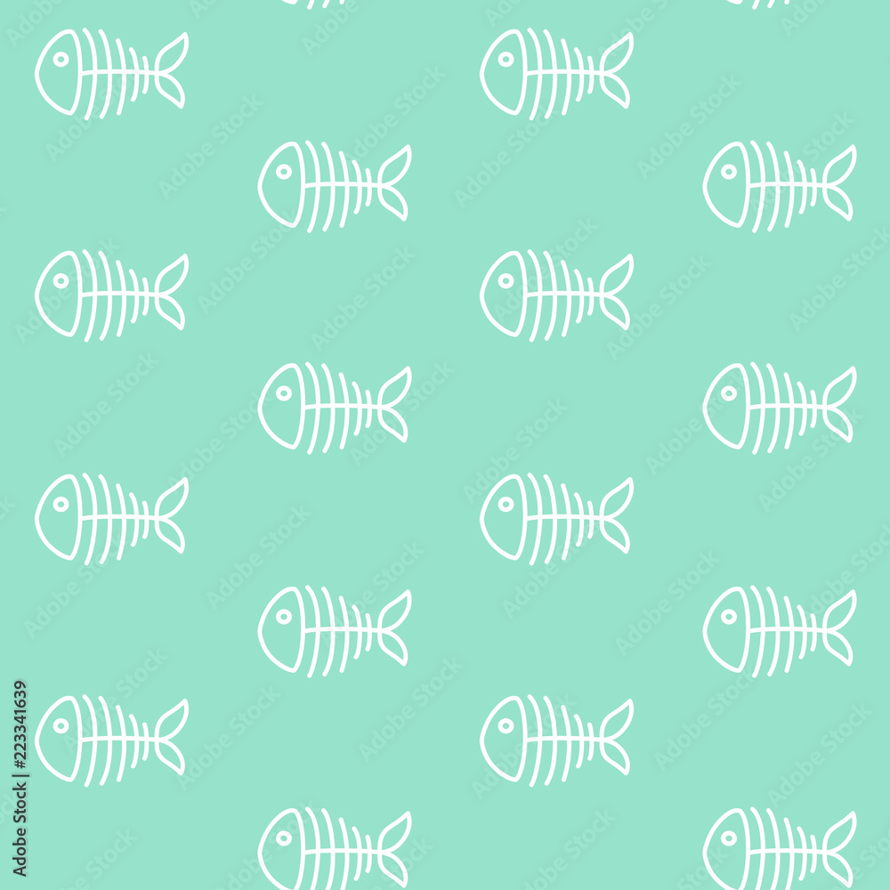 white fish skeleton on a turquoise background marine sea bone pattern seamless vector