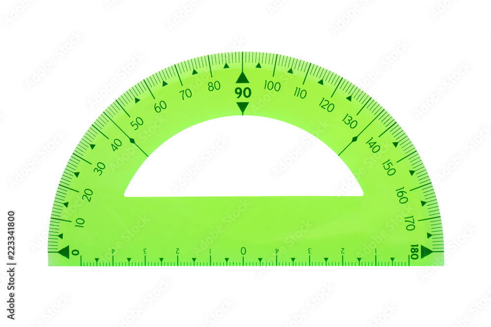 transparent plastic green protractor for school, isolated on white