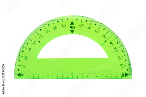 transparent plastic green protractor for school, isolated on white background