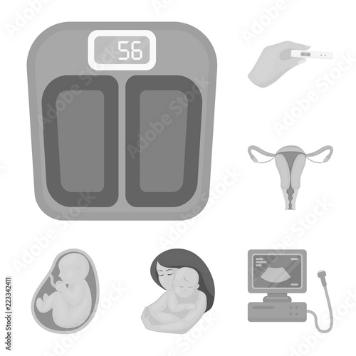 Woman and pregnancy monochrome icons in set collection for design. Gynecology and equipment vector symbol stock web illustration.