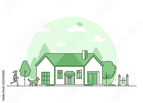 Suburban house - modern thin line design style vector illustration
