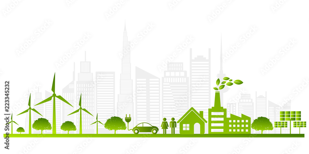 Ecology concept with green city on earth. sustainable development World environment concept, vector illustration