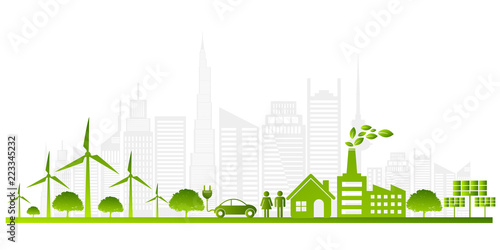 Ecology concept with green city on earth. sustainable development World environment concept, vector illustration