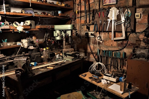 Desktop and tools in the garage workshop